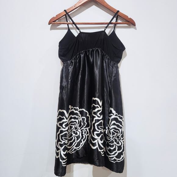 Wet Seal Y2K Womens Black Satin Floral Empire Waist Mini Dress Size Large 90s - Picture 5 of 8